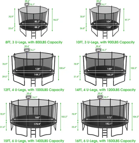 Miniatura 7 de LHX Trampolín de 8, 10, 12, 14, 15, 16 pies, para exteriores, 1500 libras con aro de baloncesto, trampolín grande y resistente para niños y adultos