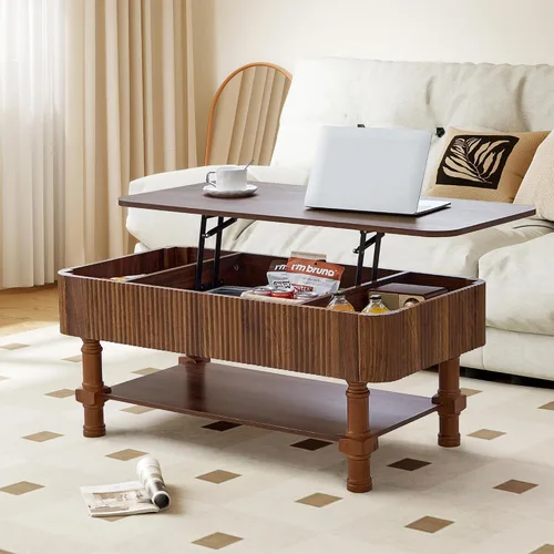 Miniatura 17 de XUZENEST - Mesa de café redonda de 31.5" con almacenamiento, mesa de café de 2 niveles de mediados de siglo moderna con puerta deslizante de tambor