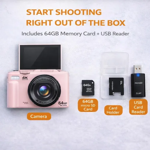 Miniatura 8 de Acuvar Cámara digital 4K, cámara digital compacta de 64 MP para fotografía y vlogging, pantalla abatible, WiFi, zoom 16X, cámara pequeña