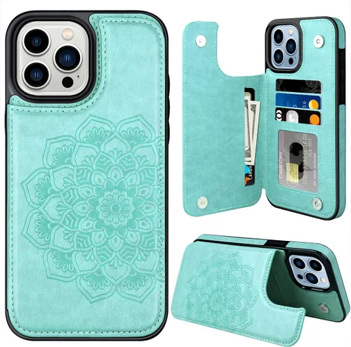 Miniatura 17 de MMHUO Funda protectora para iPhone 15 Pro Max con tarjetero y botones magnéticos de flores para mujer, color morado Púrpura