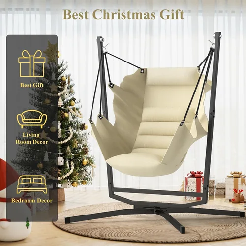 Miniatura 8 de Silla Hamaca Giratoria de 360° con Soporte - Silla Colgante Cómoda con Cojines (Capacidad de 400 libras) para Uso Interior/Exterior - Perfecta