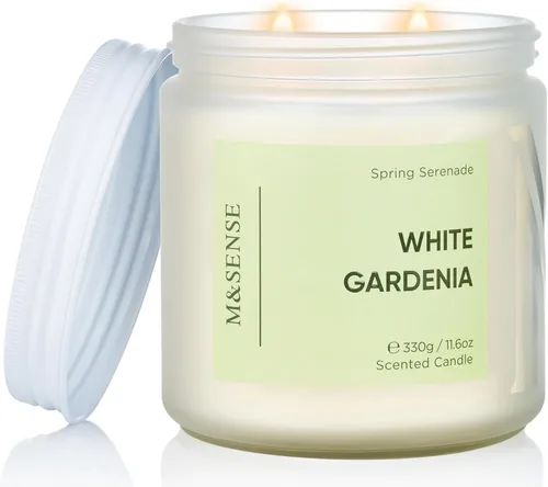 M&SENSE Vela perfumada de gardenia blanca - 11.6 onzas de cera de soja natural, tiempo de combustión larga de 70 horas, no tóxica, 2 mechas, vela