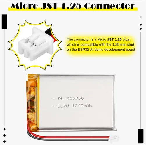 Miniatura 4 de 603450 3.7V 1200mAh LiPo Batería - Batería recargable de polímero de litio con placa de protección y conector Micro JST 1.25 para dispositivo