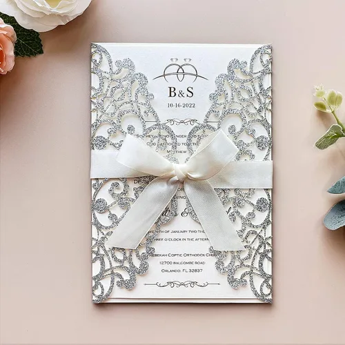 Miniatura 10 de Kit de invitaciones de boda de 5.12 x 7.28 pulgadas, 20 unidades de champán en blanco, con purpurina, cortadas con láser, tarjetas de invitación