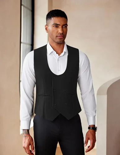 Miniatura 3 de COOFANDY Chaleco de traje para hombre, ajustado, doble botonadura, chaleco formal de negocios