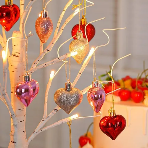Miniatura 3 de Árbol de abedul blanco iluminado de 24 pulgadas Decoración de mesa para el día de San Valentín con corazones colgantes, temporizador y doble