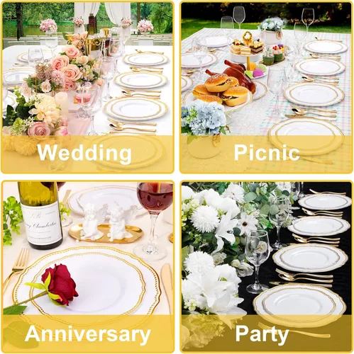 Miniatura 5 de Hioasis 60 platos de plástico dorados, vajilla desechable blanca y dorada con borde dorado, resistente, 7.5 pulgadas, platos de postre para fiestas