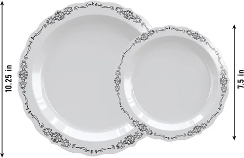 Miniatura 7 de Platos de plástico victorianos exquisitos, juego de 80 piezas para fiestas de 40 invitados - 40 x 7.5 pulgadas de postre y 40 x 10.25 pulgadas