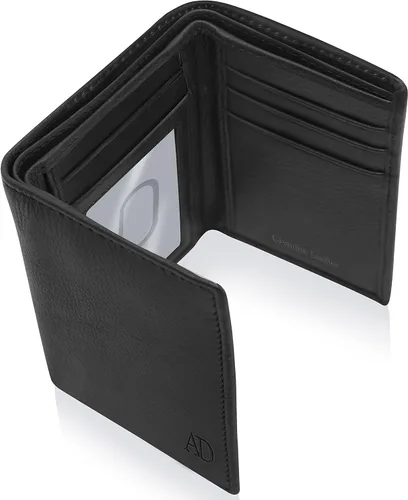 Billetera de triple pliegue con RFID, cuero genuino, delgado, con ventana de identificación, bolsillo frontal, regalo para hombre
