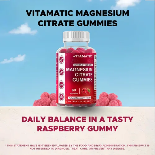 Miniatura 4 de Vitamatic Gomitas de magnesio extra fuertes, 255 mg (magnesio elemental) por porción, 60 gomitas veganas que apoyan la relajación, la función