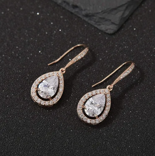 Miniatura 4 de SWEETV Pendientes de boda de lágrima para novias, damas de honor, aretes colgantes de circonita cúbica para graduación, fiesta, ocasión formal