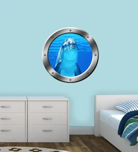 Miniatura 2 de Calcomanía de pared de marsopa, diseño de ojo de buey de delfín, adhesivo 3D para despegar y pegar, decoración VWAQ-SP29 (14 pulgadas de diámetro)