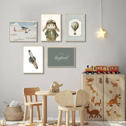 Miniatura 7 de ONEOLTN Arte de Pared en Lienzo Vintage de Conejito Piloto para Guardería Imágenes Temáticas de Aventura Habitación de Bebé Niño Póster de Avión