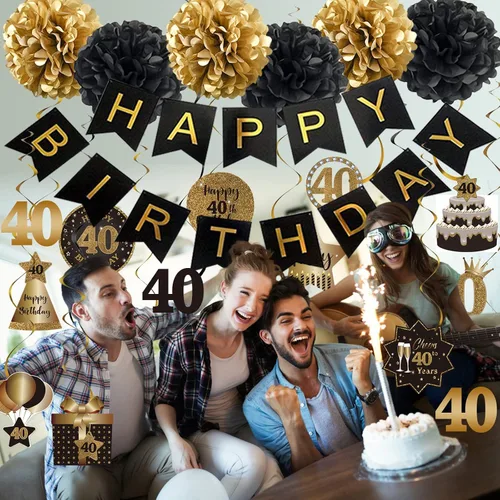 Miniatura 4 de BRT Bearingshui Juego de decoración de serpentinas colgantes de feliz cumpleaños número 40, pancarta de feliz cumpleaños con pompones de tela, negro