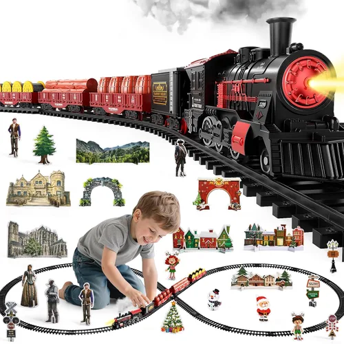 NIPLOOOW Juego de tren para niños de 3 a 5 años, juguete de tren eléctrico con sonido realista, luces y humo para debajo del árbol de Navidad,