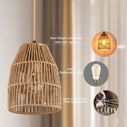 Miniatura 3 de Lámpara colgante enchufable, luces colgantes con cable de algodón dorado de 15 pies e interruptor de atenuación continuo, pantalla de cuerda
