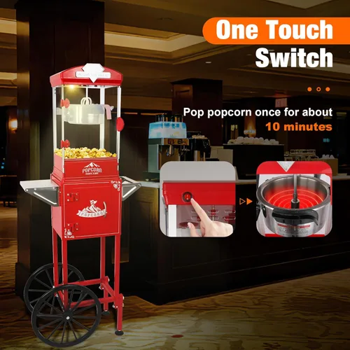 Miniatura 5 de Máquina de palomitas de maíz de 8 onzas con carrito (rojo) – Máquina de palomitas vintage – Operación con un solo toque, hace hasta 30 tazas