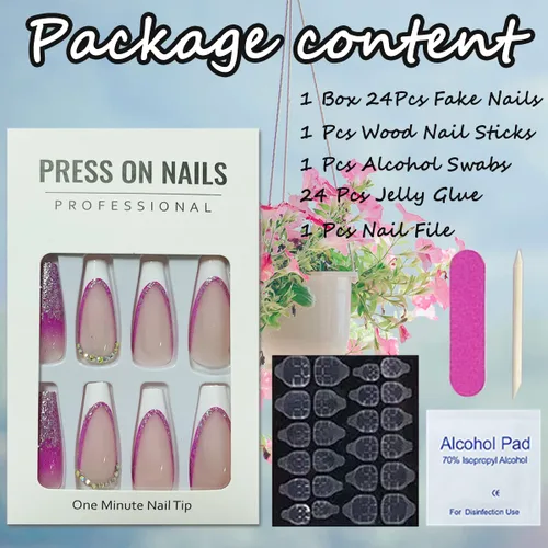 Miniatura 6 de Uñas largas a presión, uñas postizas cuadradas de punta francesa, uñas acrílicas, punta de ataúd, uñas adhesivas de cobertura completa, uñas