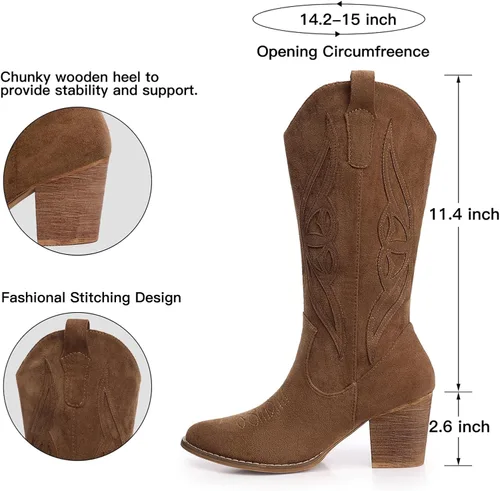 Miniatura 5 de SHIBEVER Botas vaqueras para mujer 2025 botas vaqueras negras a media pantorrilla, botas vaqueras bordadas occidentales de tacón alto con punta