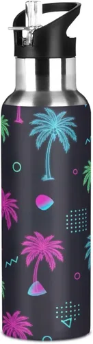 Miniatura 8 de Insulated Stainless Steel Water Bottle with Straw 20 Oz, Leakproof Water Bottles for Gym Outdoor Travel School, Tropical Palm Trees Neon
