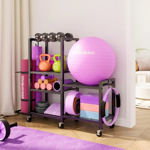 Miniatura 4 de Estante de almacenamiento de gimnasio en casa de 6 niveles con ruedas, soporte de pesas para mancuernas y organizador de esterilla de yoga, soporte