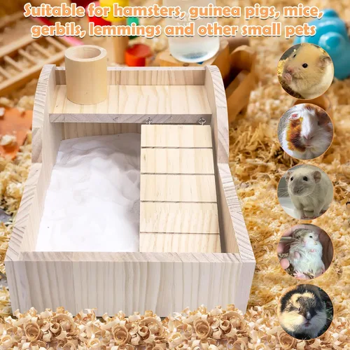 Miniatura 7 de PINVNBY Caja de baño de arena para hámster de madera con escalera de escalada, habitación de ducha, arena para excavar, contenedor de bañera