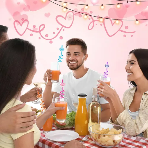 Miniatura 5 de JANYUN Pajitas, 20 popotes de plástico reutilizables con forma de corazón, regalos para fiestas, popotes con purpurina, regalos para niños, premios