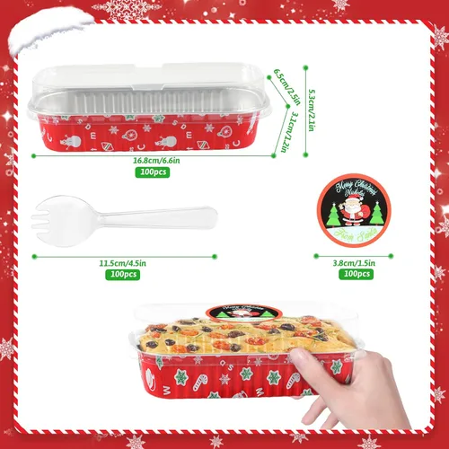 Miniatura 2 de Paquete de 100 mini moldes para pan de Navidad con tapas, mini moldes para pasteles con tapas y cucharas, moldes de papel de aluminio de 6.8 onzas
