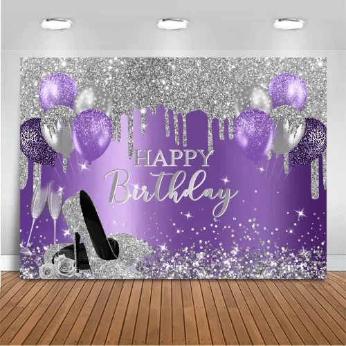 Mocsicka Telón de fondo de cumpleaños morado y plateado, decoración de fiesta de cumpleaños, globos con purpurina, tacones altos, telón de fondo de