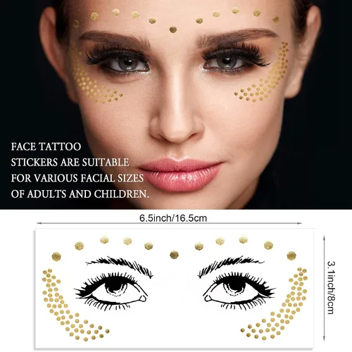 Miniatura 2 de 1 hoja de tatuajes faciales temporales metálicos dorados, pecas sintéticas, calcomanías de maquillaje, impermeables, brillantes, arte corporal