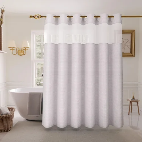 Miniatura 14 de Inhousolu - Cortina de ducha sin gancho con juego de forro de tela a presión, tejido waffle 230 GSM dobladillo con peso, impermeable y lavable