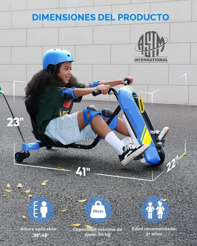 Miniatura 8 de Go Kart eléctrico para niños de 6 a 12 años, cambio de carrito de deriva de 12 V, giro de 360°, empuñadura giratoria, velocidad sin escalones, Azul