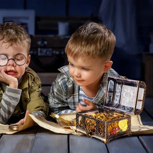 Miniatura 7 de Caja de tesoro pirata antigua transparente de plástico con cerradura y llave, caja de juguetes del tesoro premios para niños, decoración de fiesta