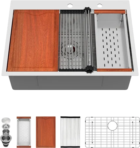 Miniatura 16 de Fregadero de cocina negro de 30"x19", estación de trabajo con revestimiento nano, acero inoxidable 304 calibre 16, hecho a mano, montaje superior