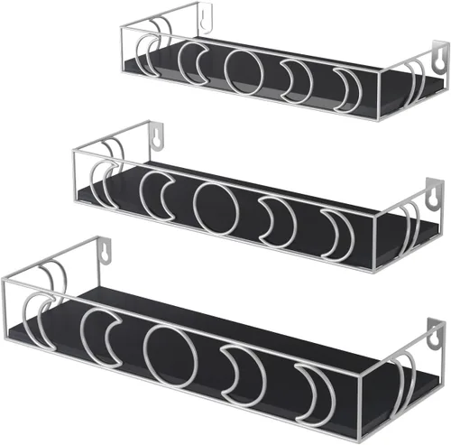 Miniatura 8 de PHAREGE Estantes Flotantes de Fases Lunares Negros, Juego de 3 Pequeños Estantes Decorativos de Pared para Almacenamiento de Libros y Plantas