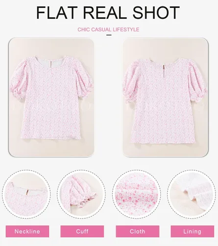 Miniatura 5 de Dokotoo Blusas con Estampado Floral para Mujer Cuello Redondo Fruncidas Manga Abombada Camisas Casuales Tops Babydoll