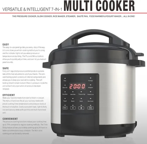 Miniatura 5 de EMB Ironblade - Olla a presión programable 7 en 1, 6 litros, acero inoxidable de 1000 W, olla de cocción lenta, arrocera, vaporera, sartén
