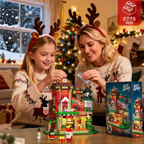 Miniatura 3 de Juego de construcción de fábrica de Navidad con luz, 2775 piezas de decoración de pueblo navideño para el hogar, kit de casa de vacaciones con árbol
