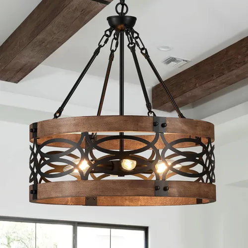 Miniatura 13 de Lámpara colgante de tambor de granja de 4 luces, 12.6 pulgadas, textura de madera natural, candelabros rústicos vintage, lámparas colgantes 12.6in-4