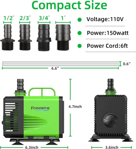 Miniatura 5 de FREESEA Bomba de agua sumergible para estanque: 1350GPH 150W Bomba de fuente con tubo de 6.6 pies para acuario pecera cascada hidropoica