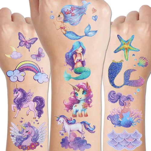 CHARLENT Tatuajes temporales con purpurina para niñas, 12 hojas de tatuajes temporales con purpurina para niñas, regalos de fiesta de cumpleaños,