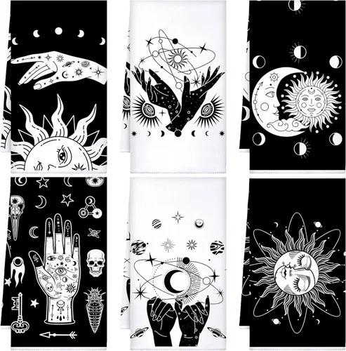 Miniatura 21 de Bencailor - 6 toallas de cocina góticas espeluznantes con tarot, toallas de mano, luna, sol, bruja, té, para fiestas de terror, regalos de baño