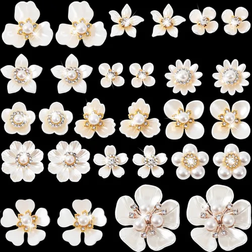 Miniatura 13 de HINZIC 40 piezas de botones de diamantes de imitación de perlas, broches de flores, adornos dorados y plateados, dijes decorativos de boda