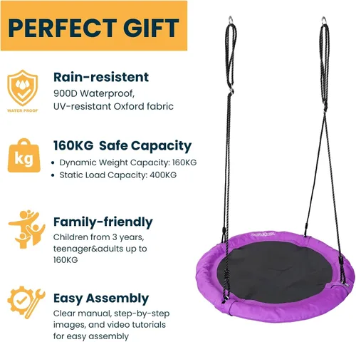 Miniatura 2 de Columpio de platillo – Asiento de columpio de árbol de 40 pulgadas con tela Oxford impermeable 900D para niños y adultos Capacidad de peso de 700