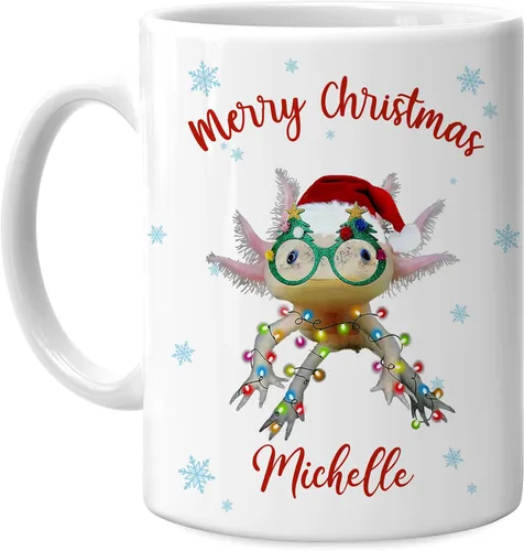 Hyturtle Regalos personalizados para amantes de los ajolotes – Taza de café de cerámica con nombre personalizado de Feliz Navidad de 11 oz – Lindo