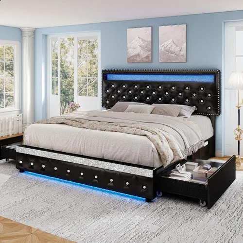 Miniatura 10 de Torana Marco de Cama LED Queen con 2 Cajones, Camas de Plataforma Tapizadas en Terciopelo con Cabecera de Almacenamiento Ajustable, Marco de Cama