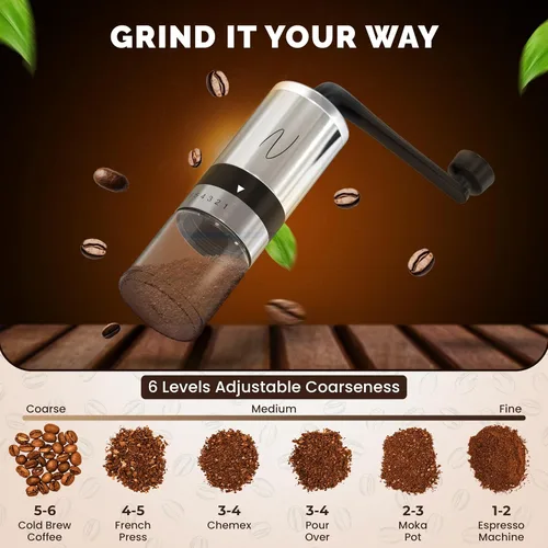 Miniatura 3 de Molinillo de café manual – Molinillo manual de grano de café con manivela, 6 ajustes de molienda para expreso, prensa francesa y vertido – Molinillo
