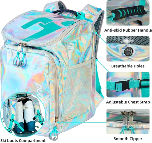 Miniatura 6 de Bolsa para botas de esquí – Mochila de viaje para botas de esquí y snowboard, 32L para botas, casco, gafas y trajes de nieve B Dazzling Silver