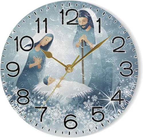 Miniatura 7 de Holy Family Nativity - Reloj de pared religioso de Navidad, funciona con pilas, sin tictac, silencioso, de cuarzo, analógico, rústico, rústico