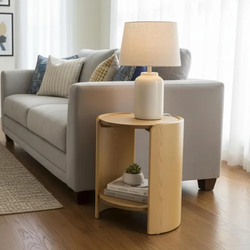 Miniatura 6 de DUOMAY Mesa auxiliar de madera, mesa auxiliar redonda de 15.5 pulgadas de ancho con estante de almacenamiento, mesita de noche moderna de mediados